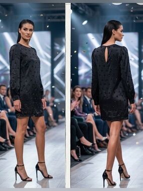 Velvet by Graham & Spencer Black Sequin Dot Puff  Long Sleeve Mini Dress Size S